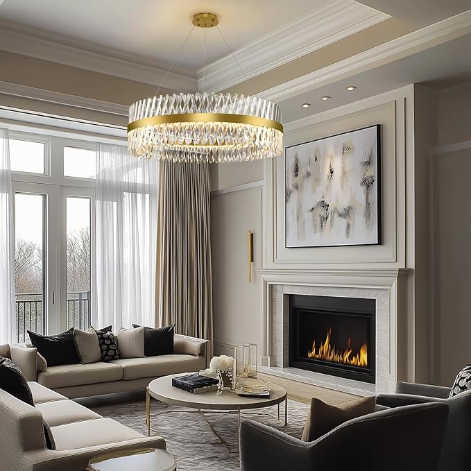 Modern Crystal Chandeliers for Living Room, 40 Inch Large Gold Crystal Chandeliers for Dining Room, Luxury LED Round Foyer Chandelier for High Ceiling Entryway Brass Chandelier Pendant Ceiling Light