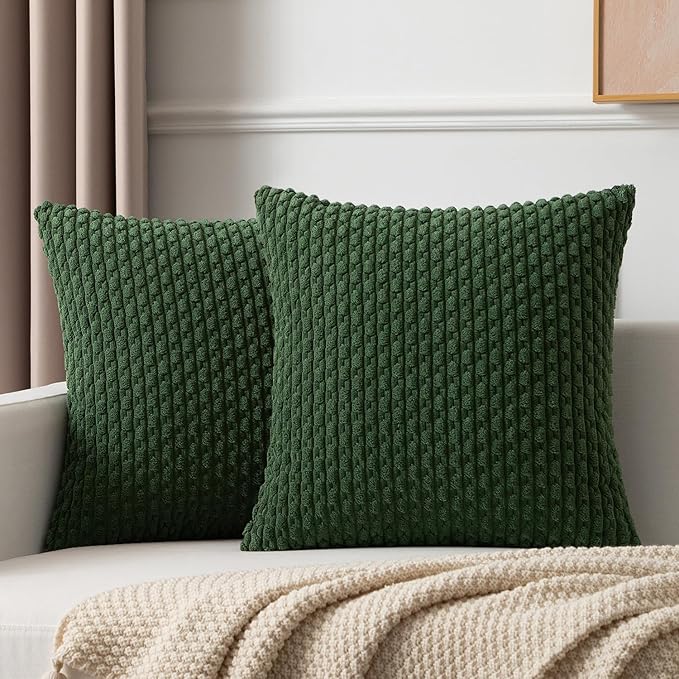 Kevin Textile Christmas Corduroy Decorative Throw Pillow Covers 24x24 Inch Pack of 2 Soft Boho Striped Pillow Covers Modern Farmhouse Home Decor for Spring Sofa Living Room Couch Bed Dark Green