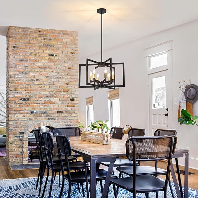 Dining Room Light Fixture,Farmhouse Geometric Chandeliers Black and Gold Kitchen Island Light,6-Light Modern Industrial Chandelier for Foyer Entryway Stairway,UL-Listed