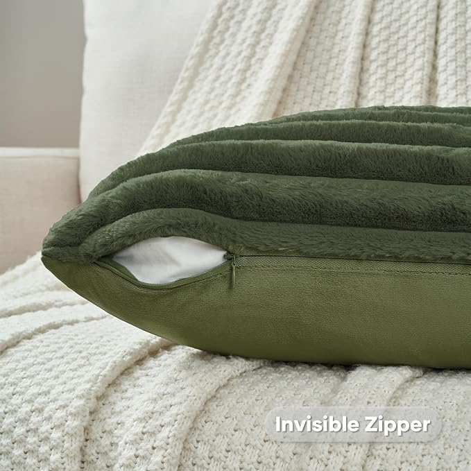 FUTEI Olive Green Striped Decorative Throw Pillow Covers 18x18 Inch Set of 2,Square Winter Decorations Couch Pillow Case,Soft Cozy Faux Rabbit Fur & Velvet Back,Modern Home Decor for Bed