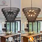 31.49" Large Black Rattan Vintage Farmhouse 12-Light Boho Hand-Woven Bamboo Black Chandeliers Light Fixture Retro Drum Wicker Rattan Chandelier for Dining Room, Kitchen, Living Room, E12
