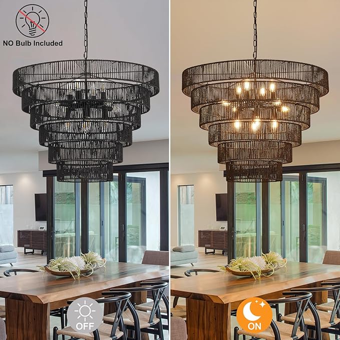 31.49" Large Black Rattan Vintage Farmhouse 12-Light Boho Hand-Woven Bamboo Black Chandeliers Light Fixture Retro Drum Wicker Rattan Chandelier for Dining Room, Kitchen, Living Room, E12