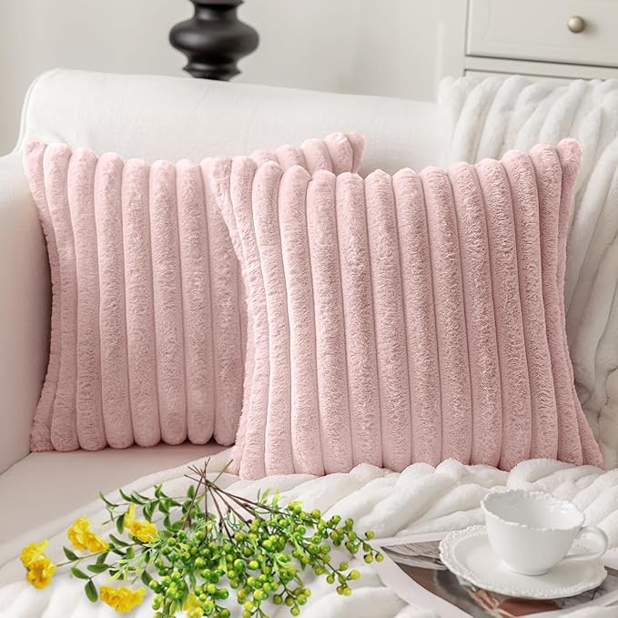 MOSAYT Spring Faux Fur Throw Pillow Covers 16x16, Set of 2, Plush Velvet Soft Pillow Case,Fluffy Striped Decorative Couch Pillow Covers for Sofa, Bedroom, Living Room(Pink)