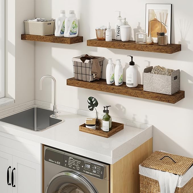 fuqing Floating Shelves for Wall, Wall Mounted Wood Floating Shelf with Invisible Brackets for Living Room, Bathroom, Bedroom, Kitchen Storage and Decor, 32 Inch Set of 2, Rustic Brown