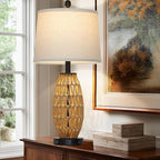 27" Boho Rattan Table Lamp Single, Wicker Bedroom Lamp with Night Light, Woven Coastal Bedside Lamps for Nightstand with USB A+C Charging Port & AC Outlet, Farmhouse Lamps for Living Room