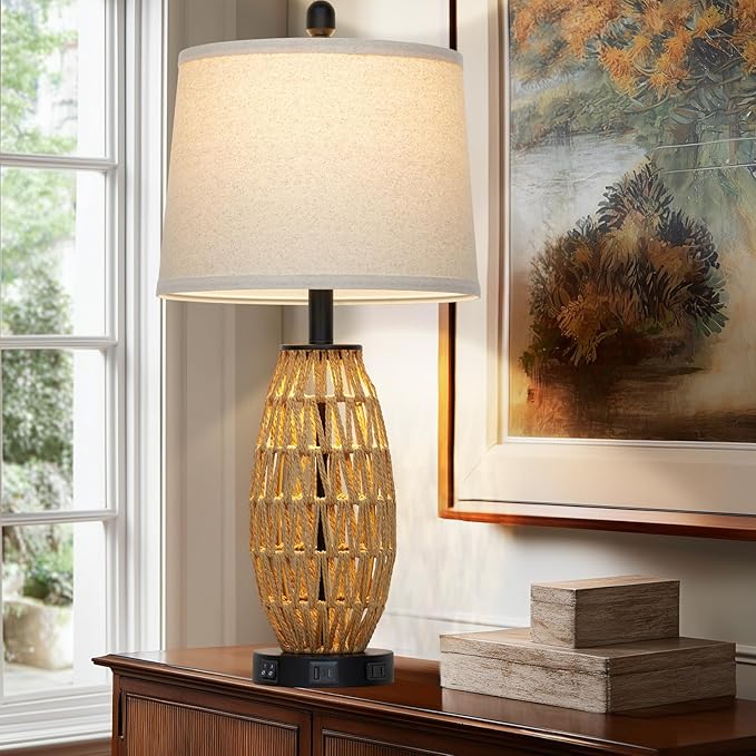 27" Boho Rattan Table Lamp Single, Wicker Bedroom Lamp with Night Light, Woven Coastal Bedside Lamps for Nightstand with USB A+C Charging Port & AC Outlet, Farmhouse Lamps for Living Room