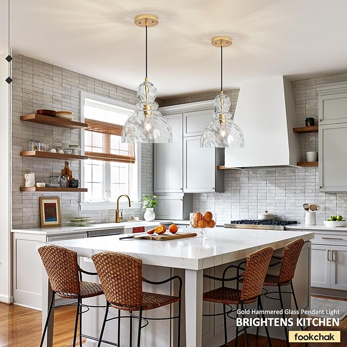 Hammered Glass Pendant Light, Pendant Lights Kitchen Island, Brushed Brass Kitchen Island Light Large 10 inch Gold Glass Ceiling Pendant Lights Over Sink for Hallway Entrance