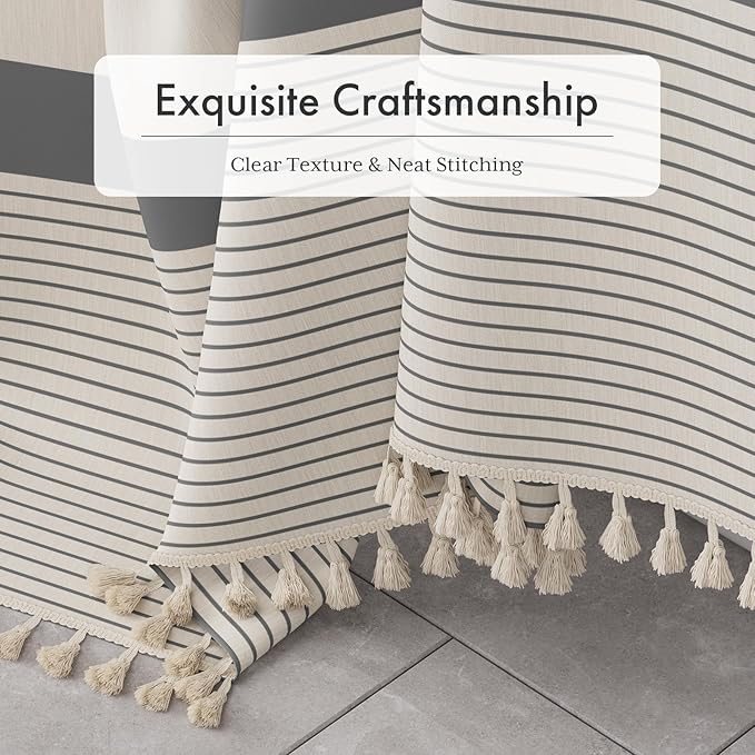 AmazerBath Boho Shower Curtain Set, Grey Shower Curtain with Tassels, Rustic Faux Linen Gray Striped Modern Farmhouse Shower Curtain with Hooks, Light Tan Toned, 72x72 Inches
