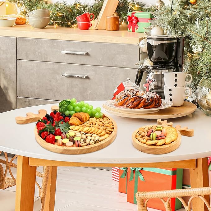 Small Wood Christmas Decor Tray 6" Round Plate MIni Wooden Xmas Cookies Trays Cheese Charcuterie Board Snack Plates for Christmas Holiday Decorations Serving Dish Decorative Dessert Appetizer Platter