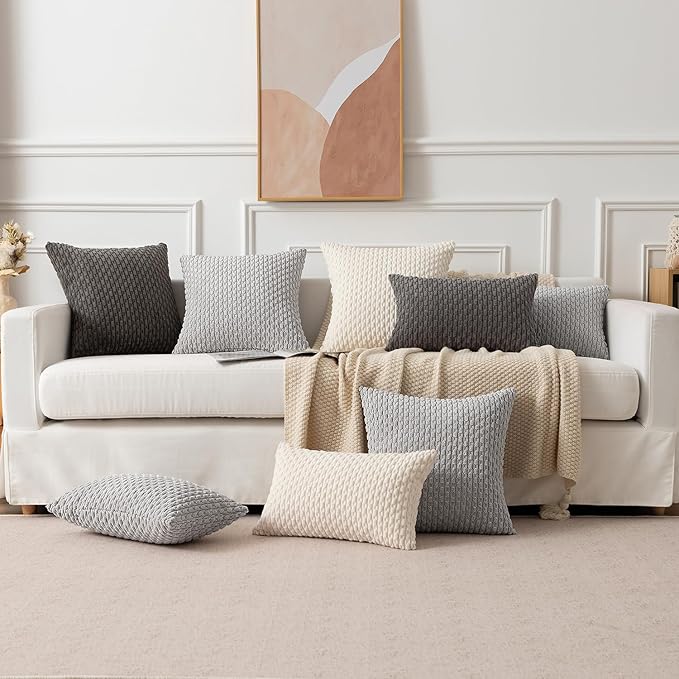 Kevin Textile Super Soft Plush Corduroy Solid Textured Large Boho Throw Euro Pillow Sham Cushion Cover for Couch Floor 2 Pcs 24 x 24 Inch (60cm) Light Grey