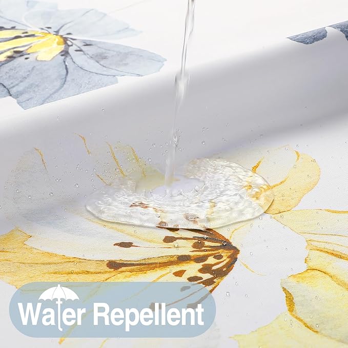 QiyI Flower Shower Curtain with Snap in Liner, Blue and Yellow Watercolor Floral Cloth Bath Curtains, No Hook Shower Curtains with Mesh Top Window, Fabric Waterproof Bathroom Curtain Set, 72 x 87 Inch