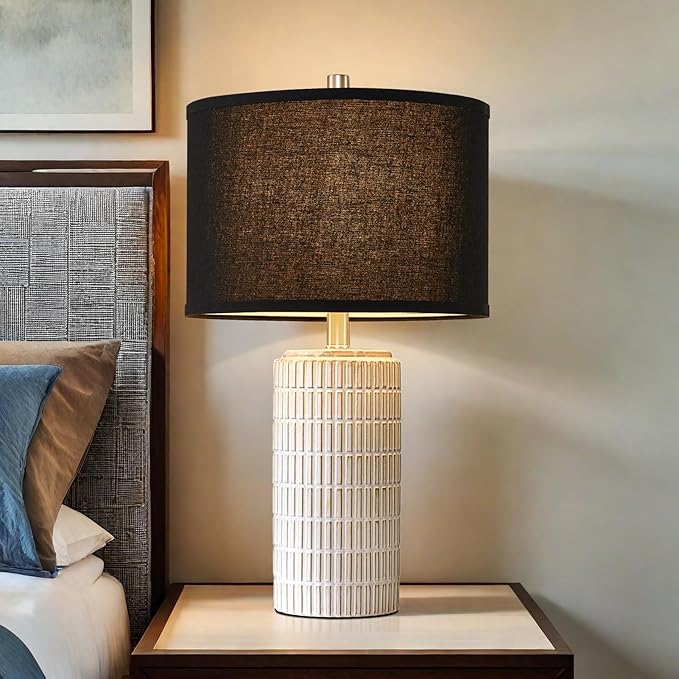23'' Set of 2 Modern Ceramic Table Lamps, Minimalist Bedside Lamp, Rustic Nightstand End Table Lamp for Bedroom, Living Room, Study Room, Office, 2 LED Bulbs Included (Black)