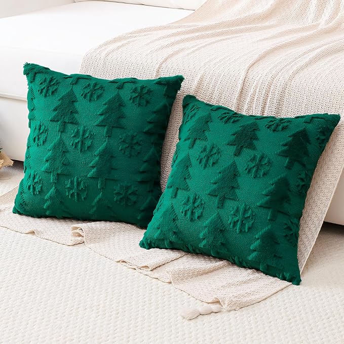 OTOSTAR Set of 2 Xmas Soft Plush Short Wool Velvet Decorative Throw Pillow Covers Square Luxury Style Cushion Case Pillow Shell for Sofa Bedroom Tree and Snowflake Green, 12x12 Inch