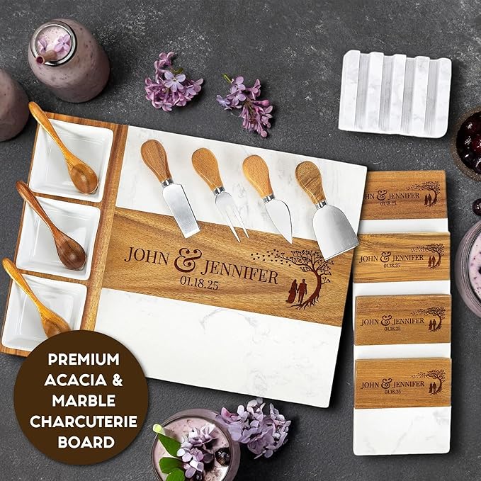 Personalized Wedding Gifts for Couples,Marble Wood Charcuterie Board,Newlyweds,Bridal Shower Gifts for Bride, Husband,Wife,Engagement Gifts,Mr and Mrs gifts,Custom Laser Engraved Cheese Serving Board