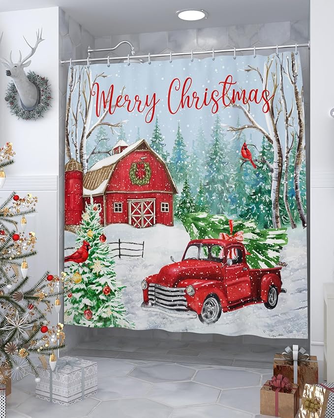 Vandarllin Red Truck Christmas Shower Curtain, Merry Christmas Farmhouse Shower Curtains Set with Hooks, Winter Xmas Tree Waterproof Fabric Bathroom Curtains Decor Home Accessories,72 X 72 Inch Long