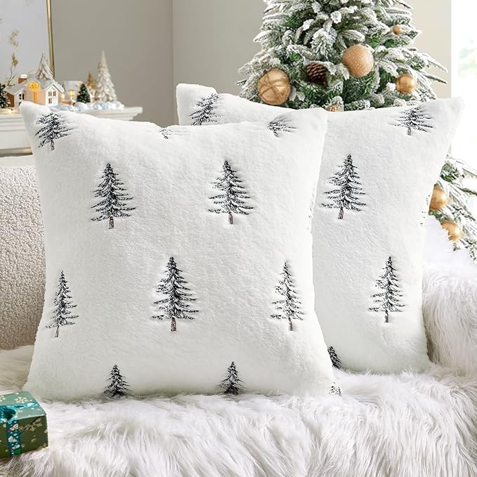 MIULEE Christmas Decorative Pillow Covers Set of 2 Faux Fur Throw Pillows with Embroidered Christmas Tree 18x18 Inch White Black Winter Couch Covers for Festival Sofa Bedroom Living Room Home Decor
