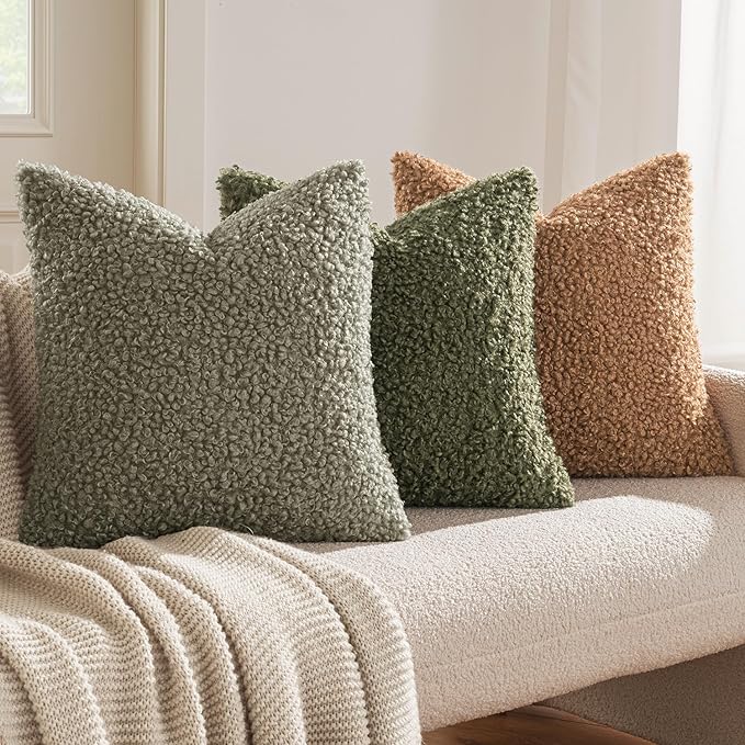 MIULEE Pack of 2 Throw Pillow Covers 18x18 Inch Sage Green Faux Fur Decorative Sherpa Pillow Covers Fuzzy Accent Soft Sheepskin Fleece Cushion Cases for Boho Home Decor Couch Living Room Bed