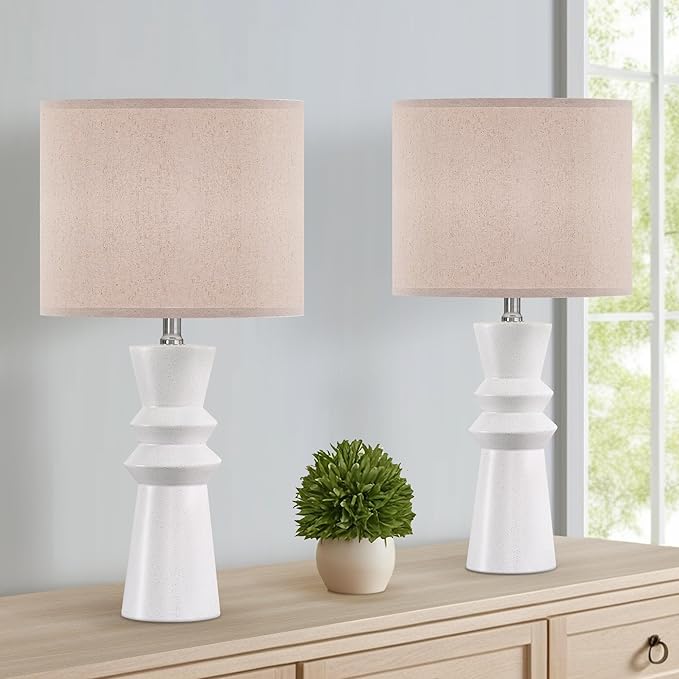 24.75 Inch White Ceramic Table Lamp Set of 2 with Oatmeal Fabric Shade, 3-Way Dimmable Tall Modern Lamp for Living Room, Bedroom, Office Desk & Nightstand