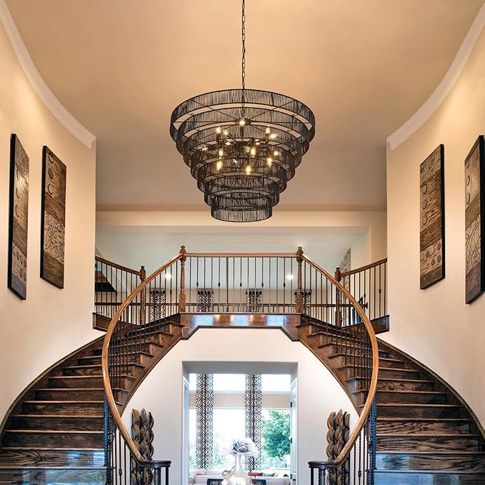 39.4“ Large Black Rattan Chandelier Vintage Farmhouse 15-Lights Boho Hand-Woven Bamboo Chandeliers Light Fixture Rustic Drum Wicker Chandelier for Dining Room, Living Room, Kitchen Island, E12