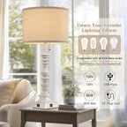 Farmhouse Table Lamps for Bedroom Set of 2, 29.5" Tall Rustic Bedside Lamp with USB Ports and AC Outlet, Vintage Nightstand Table Lamp for Living Room with Linen Drum Shade, White, Pull Chain