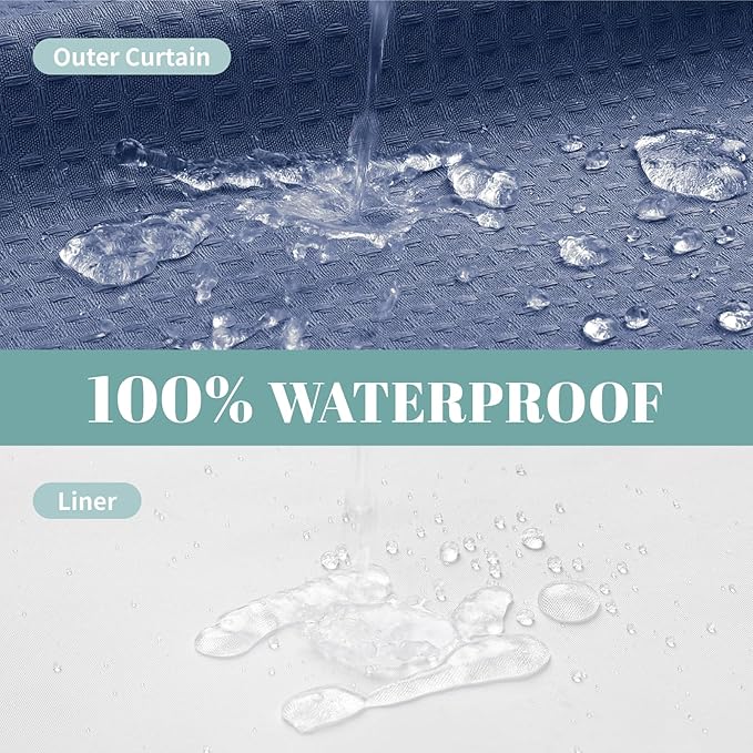 MoonLightBlue Long No Hook Waffle Weave Shower Curtain with snap-in Liner Replacement, 230GSM Waterproof Fabric Hotel Shower Curtain Set for Bathroom, Through Mesh Top Window,71Wx80H