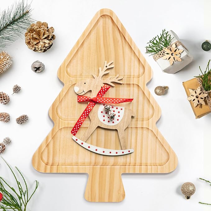 Christmas Tree Shaped Wooden Serving Tray - 12" Charcuterie Board for Cheese, Snacks, Appetizers & Desserts - Holiday Platter with Handles, Christmas Decorative Tray (12 x 8.7 x 0.6 Inches)