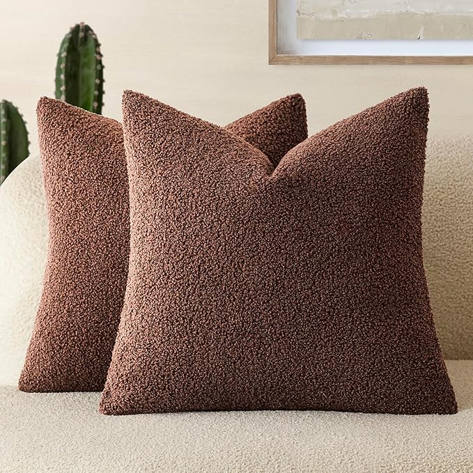 Foindtower Pack of 2, Curly Faux Fur Decorative Throw Pillow Covers Soft Fuzzy Plush Cushion Case with Zipper Cozy Pillowcase for Home Living Room Couch Bed Sofa 18 x 18 Inch,Red Brown