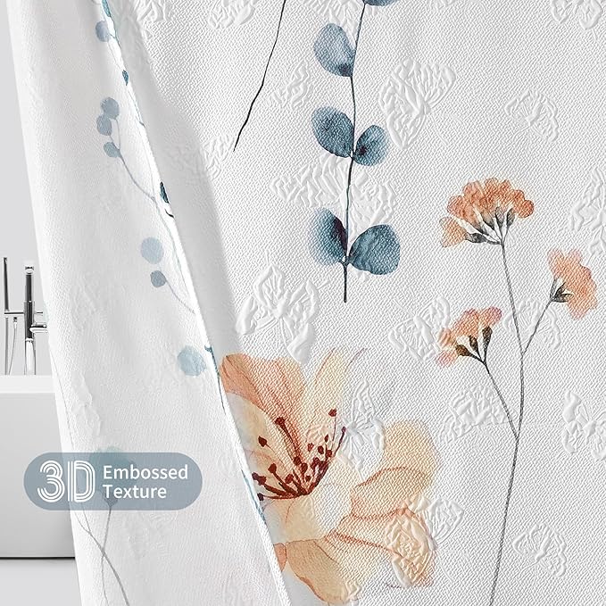 QiyI Long Shower Curtain 72 x 78, Modern Watercolor Floral Shower Curtain, 3D Embossed Textured Beige Flower Cloth Bathroom Curtain, Waterproof Fabric Rustic Farmhouse Shower Curtain Set with Hooks