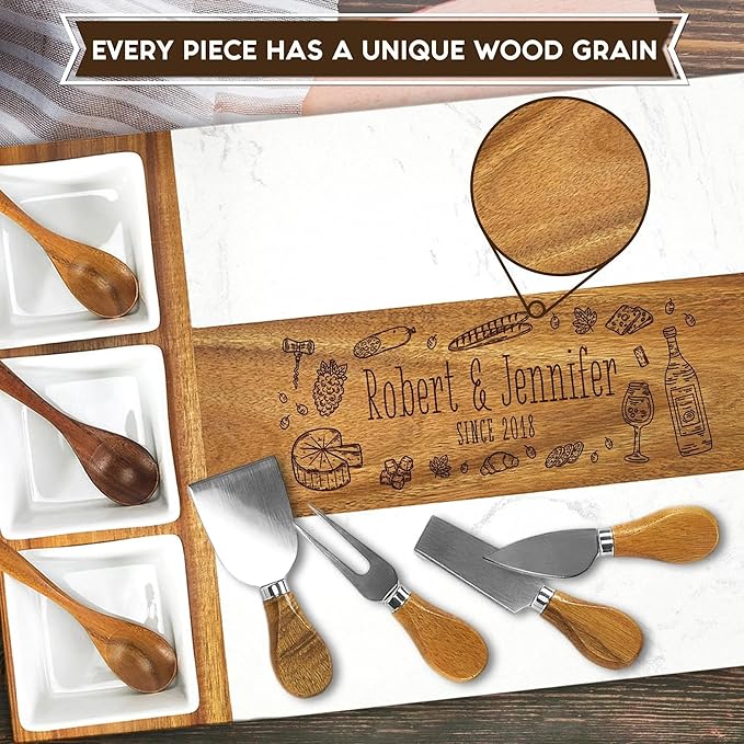Personalized Wedding Gifts for Couples,Marble Wood Charcuterie Board,Newlyweds,Bridal Shower Gifts for Bride, Husband,Wife,Engagement Gifts,Mr and Mrs gifts,Custom Laser Engraved Cheese Serving Board