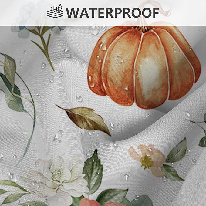 MEHOFOND 4pcs Hello Pumpkin Floral Shower Curtain Set,Fall Eucalyptus Leaves Pink Flower Shower Curtain Sets,Autumn Thanksgiving Festival Holiday Bathroom Bath Decor Curtains with Hooks 72 x72Inch