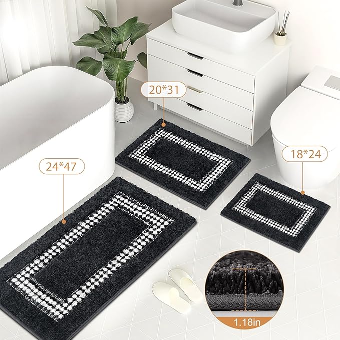 Black Bathroom Rugs 24x47, Non Slip Washable Bath Mats,Super Soft Microfiber Bathroom Runner, Plush Fluffy Absorbent Bath Rugs for Sink Tub Basin Shower Floor
