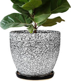 10 Inch Plant Pot - Ceramic Planter for Indoor Outdoor, Round Large Plant Pots, Modern Planter with Drainage Hole and Tray, Home Room Office Garden Decor, Gifts for Women Men, White-Black