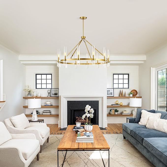 Untrammelife 12-Light Gold Chandelier with Clear Glass, 36” Large Wagon Wheel Chandelier Farmhouse Dining Room Light Fixture Modern Round Chandeliers for Dining Room Foyer