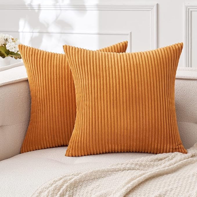 MIULEE Pack of 2 Burnt Orange Pillow Covers 24x24 Inch Soft Boho Striped Corduroy Throw Pillow Covers Set Decorative Square Cushion Cases Pillowcases for Sofa Bedroom Couch