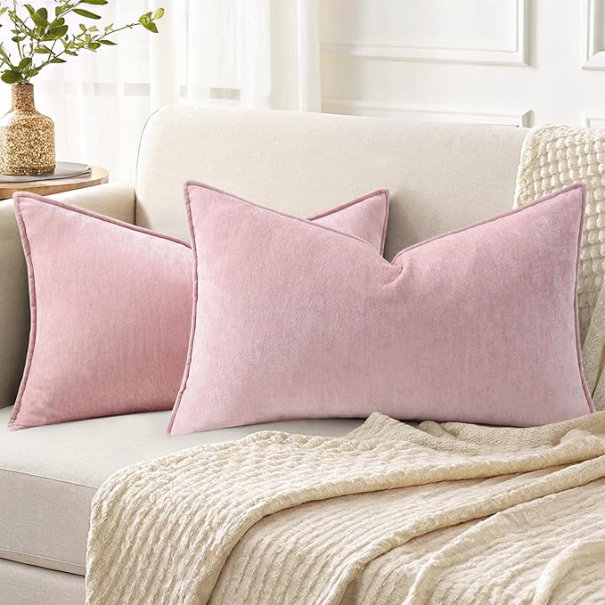 decorUhome Couch Throw Pillow Covers 12x20 Set of 2, Decorative Soft Euro Neutral Chenille Lumbar Pillow Covers with Elegant Design for Sofa Bed Living Room Home Decor, Blush Pink