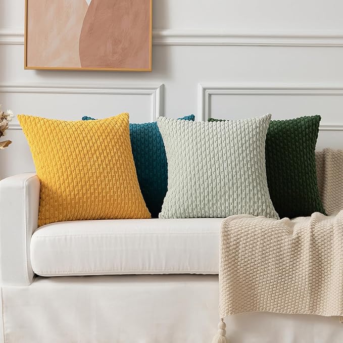Kevin Textile Velvet Pillow Covers Striped Decorative Throw Cushion Case with Hidden Zipper for Home Couch/Bedroom 2 Pack (24x24 Inch Yellow)