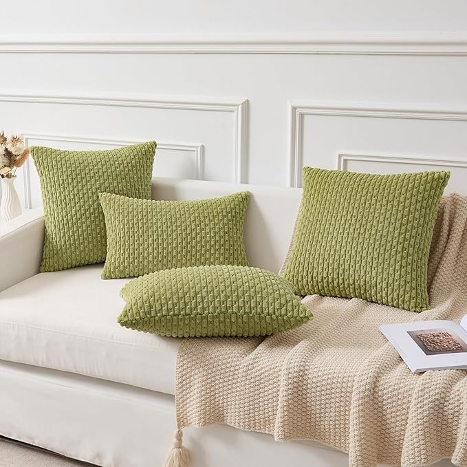 Kevin Textile Decorative Pillow Covers Set of 2 Striped Plush Corduroy Pillows Pillowcases Boho Home Decor Cushion Covers for Couch Sofa Bed Living Room 16x16 Inch, Grass Green