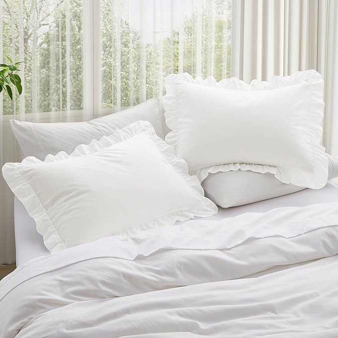 KKJIAF Ruffle Pillow Cases King Size Set of 2, Ruffled Pillow Covers with Envelope Closure, Wrinkle Resistant Pillowcases 20" x 36", Ruffled Pillow Shams, White