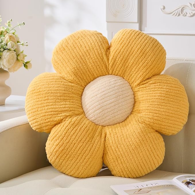 Daisy Shaped Throw Pillow - Yellow Flower Plush Cushion, 15.75" Decorative Seating