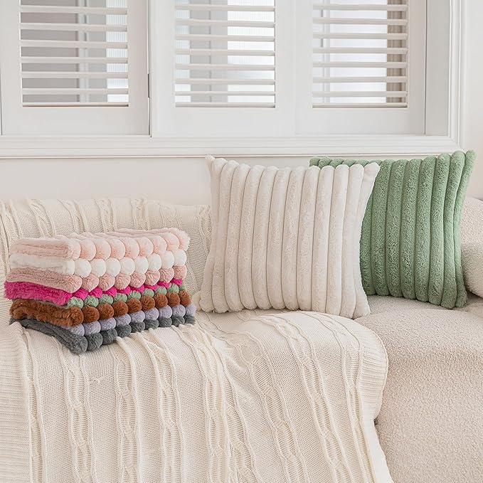 Double-Sided Faux Fur Plush Throw Pillow Covers 18x18 Set of 2 Fuzzy Striped Soft Cozy Pillowcase Luxury Decorative Pillows Christmas Square Cushion Covers for Couch Sofa Bed,Sage Green
