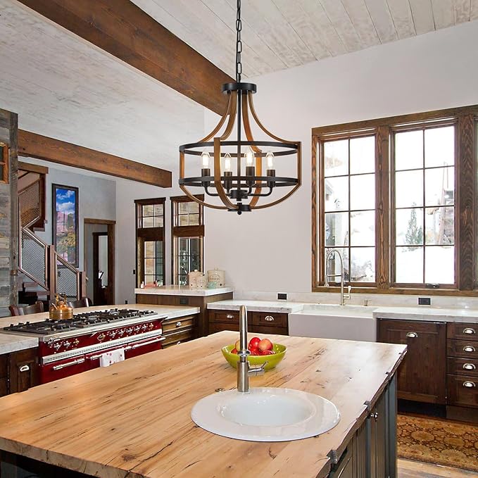 Farmhouse Chandelier for Dining Room 16.9" Wooden Chandelier 4-Light Rustic Candle Chandeliers Modern Faux Wood Vintage Chandeliers Light Fixture for Kitchen Foyer Hallway Entryway Bedroom