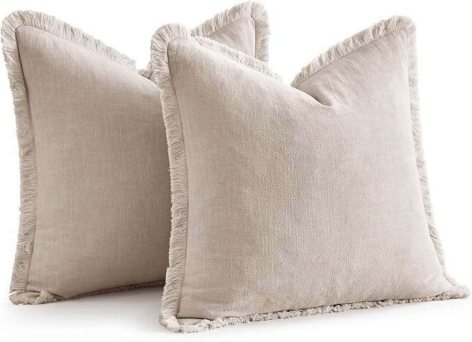 EMEMA Linen Fringe Throw Pillow Covers Set of 2 Boho Farmhouse Accent Decorative Pillowcase with Tassels for Couch Sofa Bed Living Room Home Decor 20x20 Inch,Natural Beige