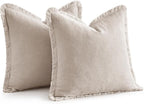 EMEMA Linen Fringe Throw Pillow Covers Set of 2 Boho Farmhouse Accent Decorative Pillowcase with Tassels for Couch Sofa Bed Living Room Home Decor 20x20 Inch,Natural Beige