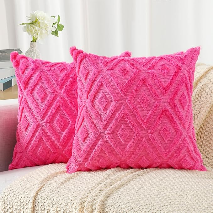 Pallene Hot Pink Throw Pillow Covers 20x20 Set of 2, Soft Plush Faux Fur Decorative Couch Pillow Covers for Sofa Bed Living Room Pillow Cases with 3D Diamond Pattern