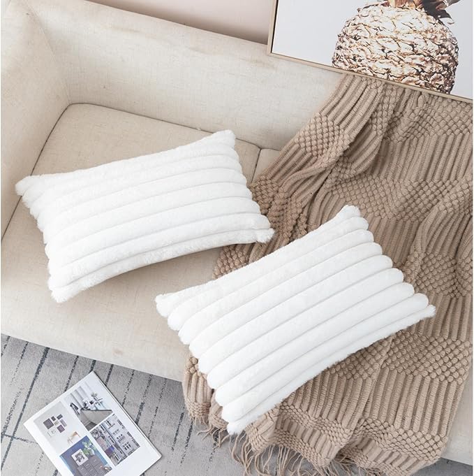 ZLINA Set of 2 Cream White Faux Fur Decorative Throw Pillow Covers Fluffy Striped Pillowcase Cushion Covers 12 x 20 Inch Decor Sofa Couch Bedroom