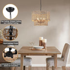 18.9" Rattan Farmhouse Chandelier 5-Light Large Boho Wicker Pendant Light Fixtures Hanging Coastal Drum Lighting Hand 2 Tier Woven Chandeliers for Living Room Dining Room Kitchen Island Foyer Entryway