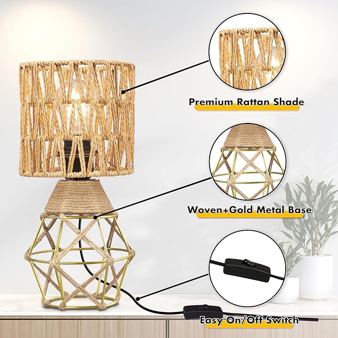 Hamilyeah Boho Table Lamps Set of 2, Small Desk Lamp with Woven Shade, Modern Farmhouse Bedside Lamp for Bedroom, Industrial Table Lamp for Living Room, Decorative Desk Lamp for Office or Nightstand