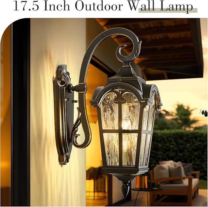 Emliviar Vintage Outdoor Lighting Fixture Wall Sconces with Water Ripple Glass, 17.5" Front Porch Wall Lantern, Black Finish with Gold Edges, WE215B-SW BG