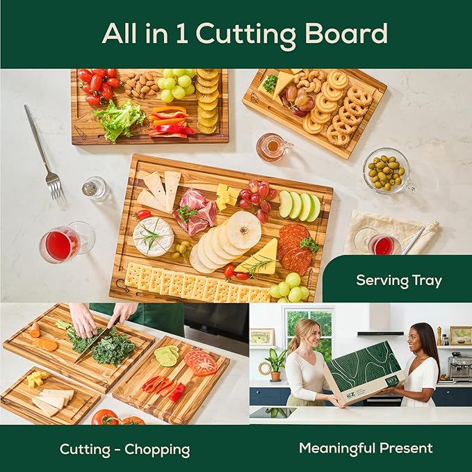 Non-Toxic Set 3 Teak Cutting Board, Pre-Oiled Premium Wood Cutting Board with Juice Groove and Handles, Suitable for Chopping Meat, Vegetables, Included Gift Box, with Non Slip Feet
