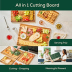 Non-Toxic Set 3 Teak Cutting Board, Pre-Oiled Premium Wood Cutting Board with Juice Groove and Handles, Suitable for Chopping Meat, Vegetables, Included Gift Box, with Non Slip Feet